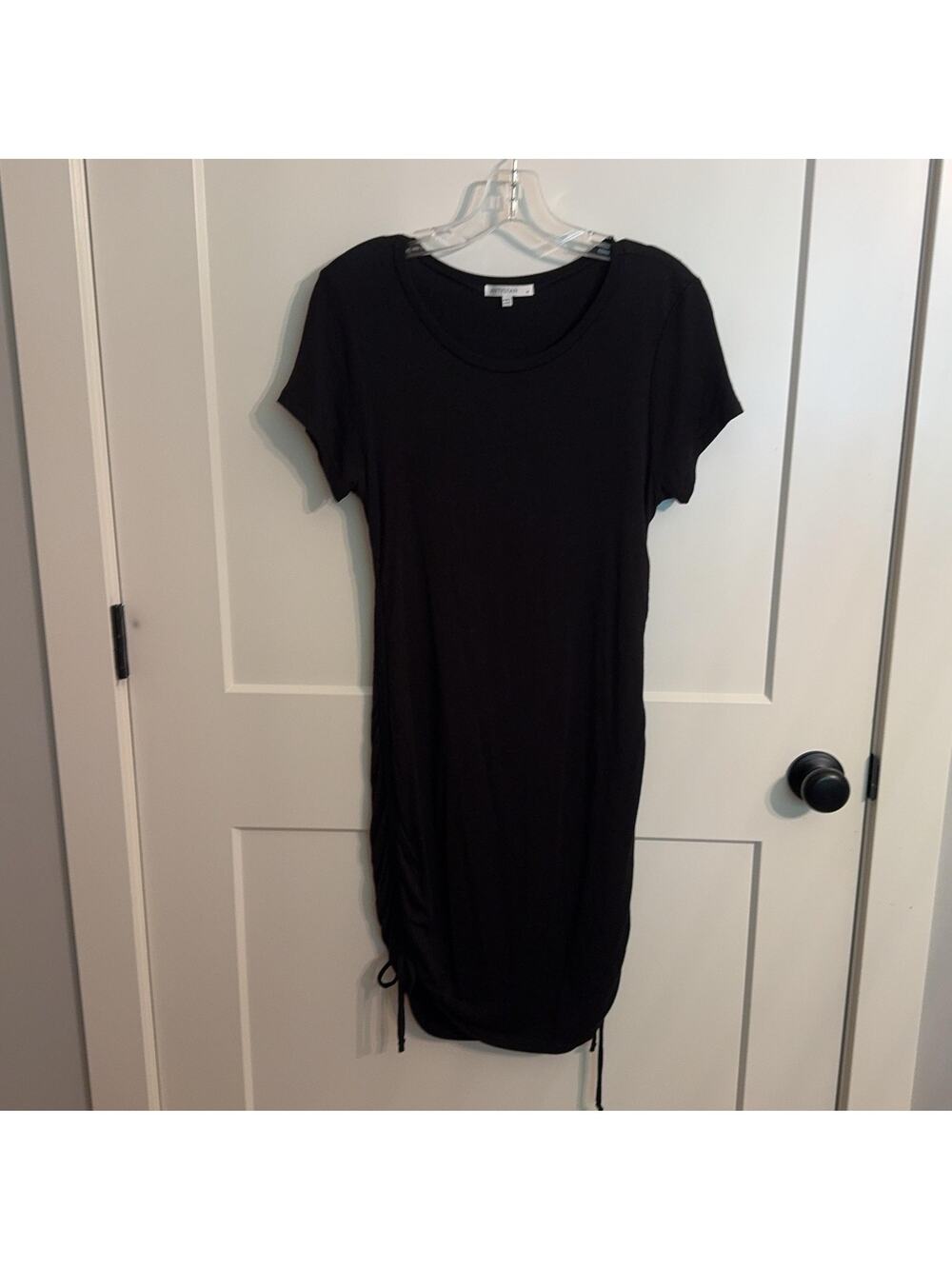 ANTISTAR Dress Sz M Black Rayon Spandex Ruched T Shirt Jersey Knee Length Comfy